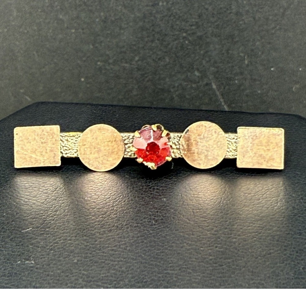 Vintage Estate Bar Brooch Red Rhinestone Victorian Geometric READ